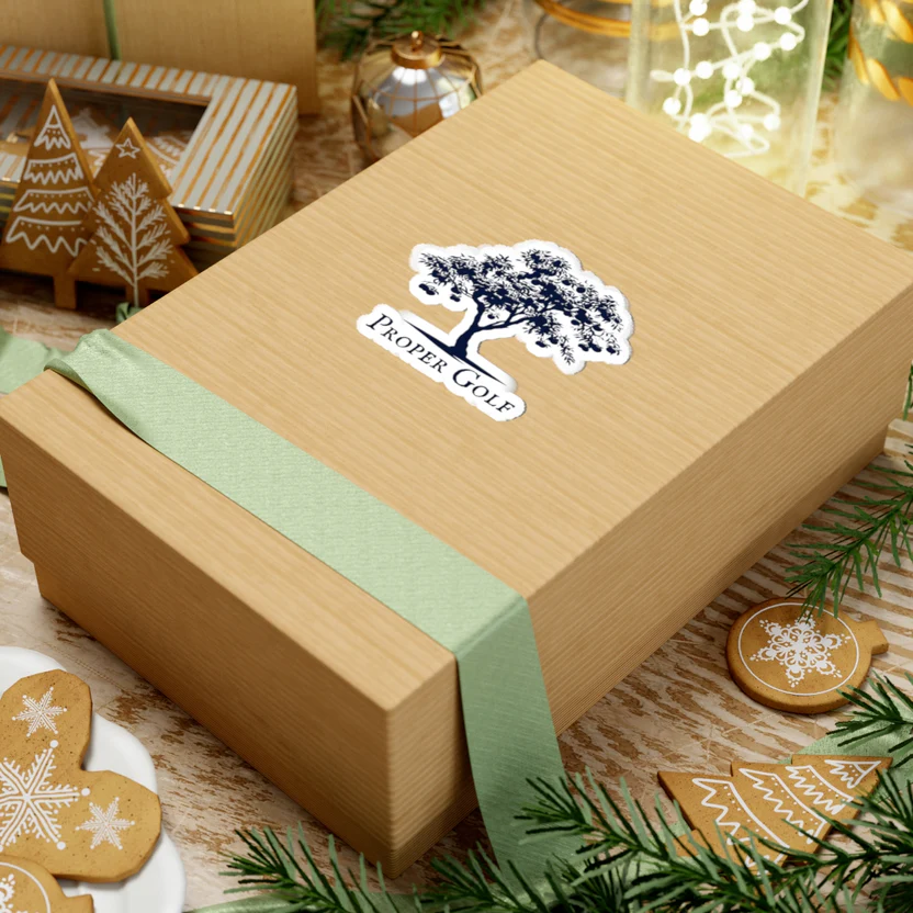 Proper Golf Tree Sticker on a wrapped gift box