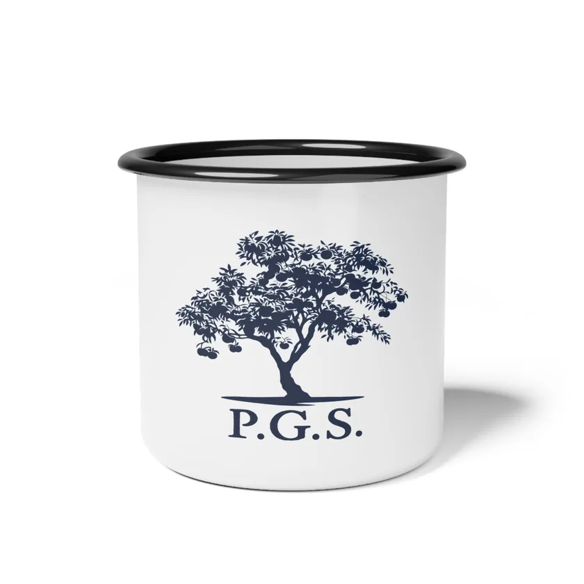 The P.G.S. Enamel Camp Cup — tree and initials in navy